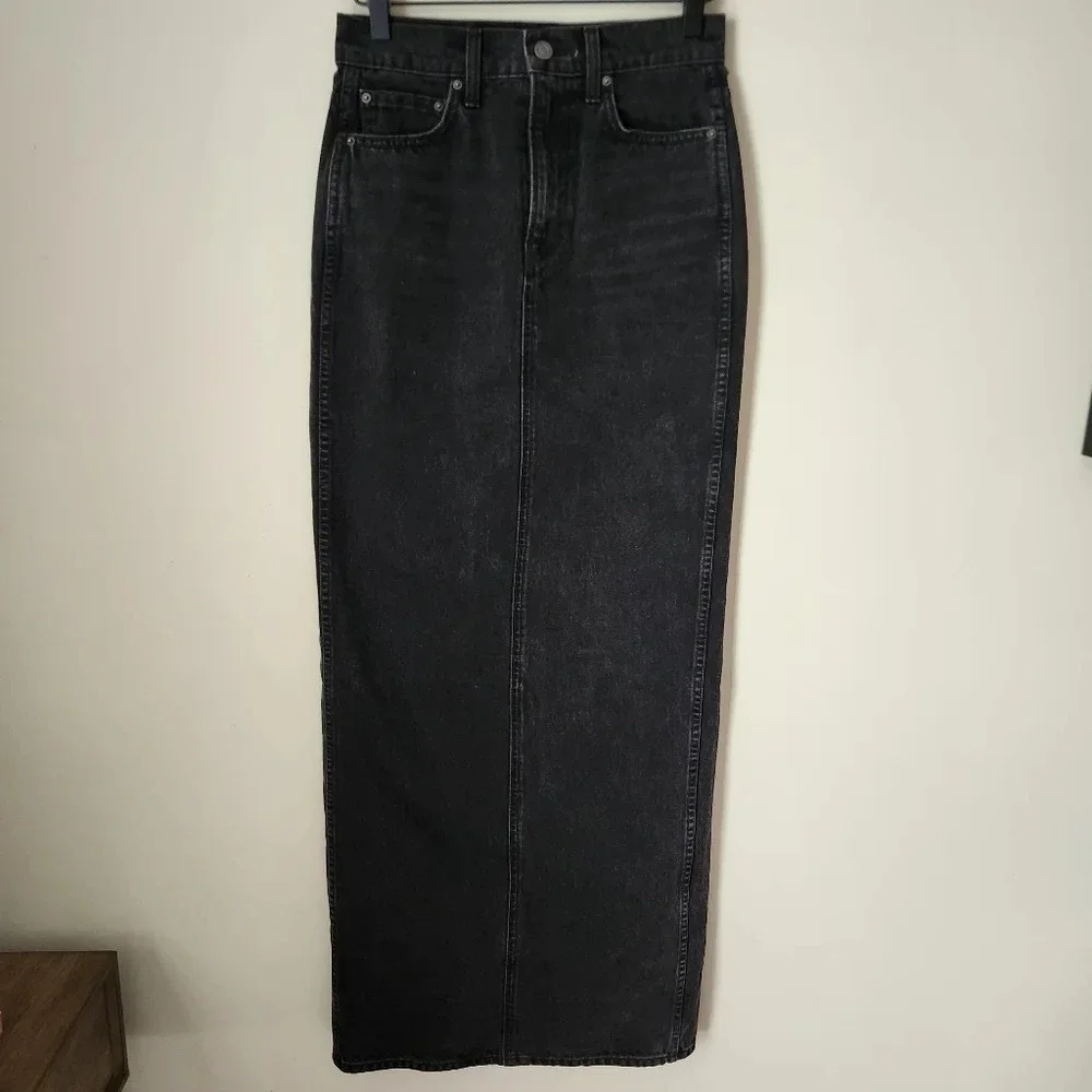 GRLFRND | The Amara Black Denim Pencil Skirt with Back Slit - Size 24/XS